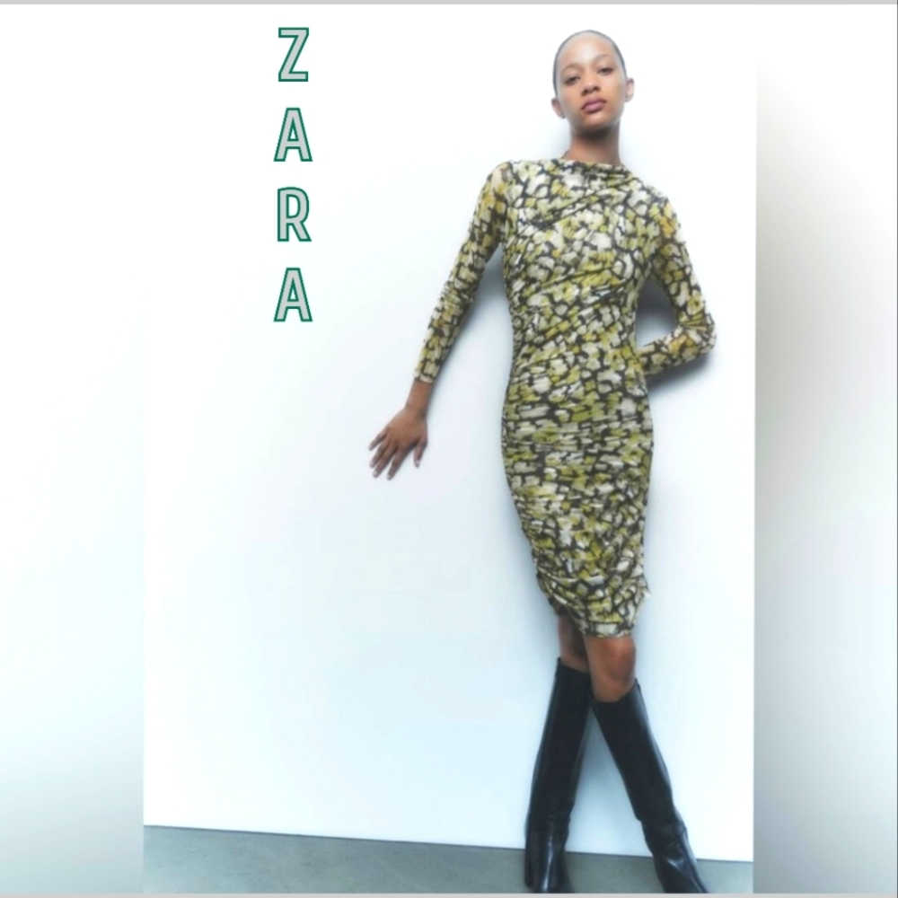 Zara Women's Green Printed Tulle Dress Size Large NWT